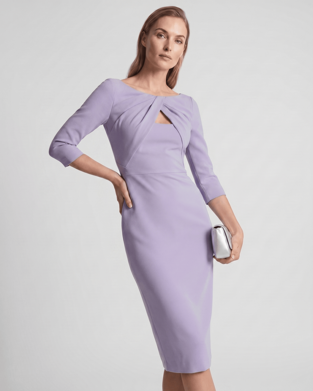 Aureline Midi Dress by Lauven — stretch crepe 7-point sleeve o-neck pencil midi dress