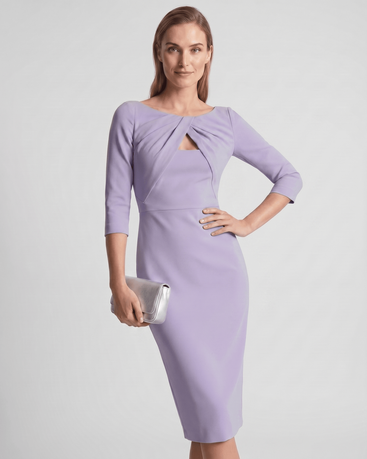 Aureline Midi Dress by Lauven — stretch crepe 7-point sleeve o-neck pencil midi dress