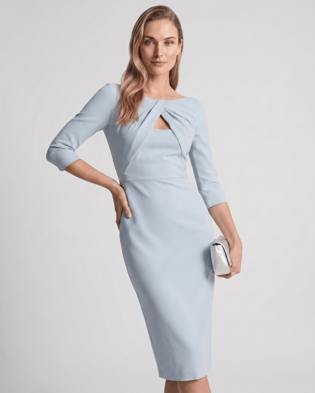 Aureline Midi Dress by Lauven — stretch crepe 7-point sleeve o-neck pencil midi dress