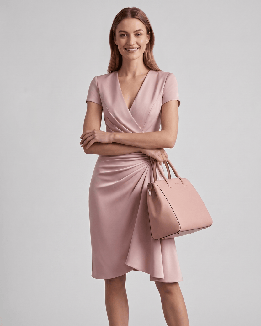 Veloura Midi Dress by Lauven — satin blend short sleeve V-neck wrap midi dress