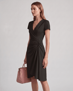Veloura Midi Dress by Lauven — satin blend short sleeve V-neck wrap midi dress