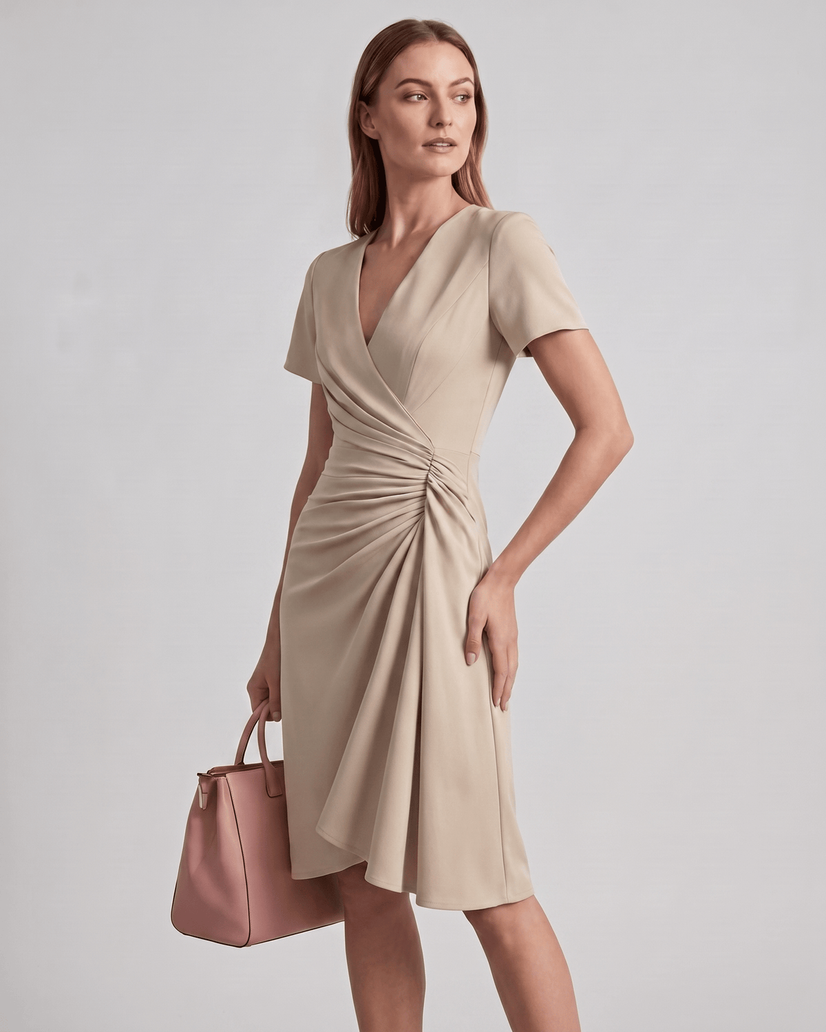 Veloura Midi Dress by Lauven — satin blend short sleeve V-neck wrap midi dress