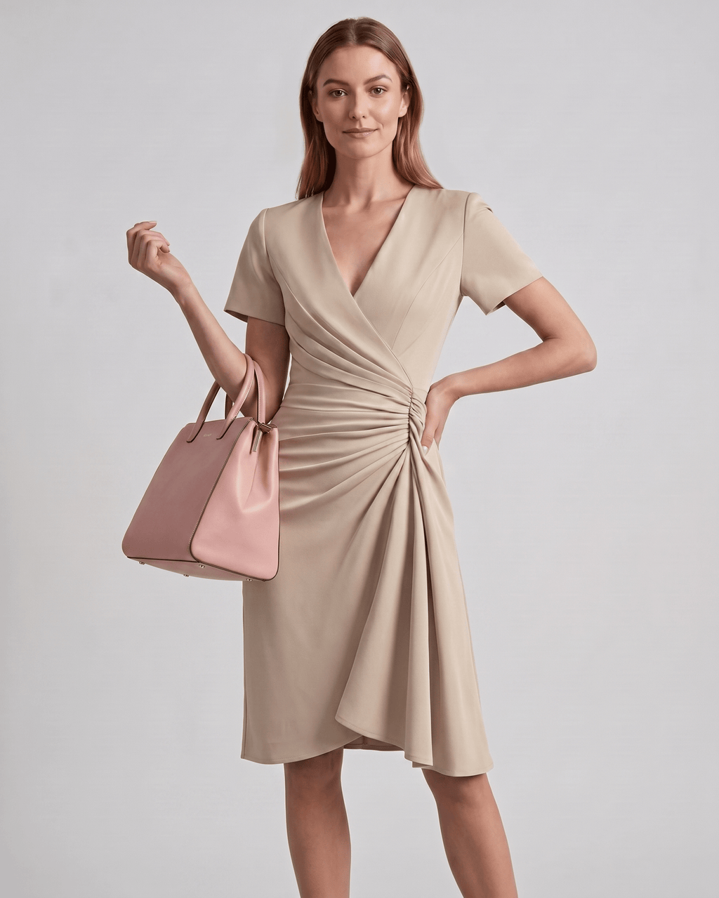 Veloura Midi Dress by Lauven — satin blend short sleeve V-neck wrap midi dress