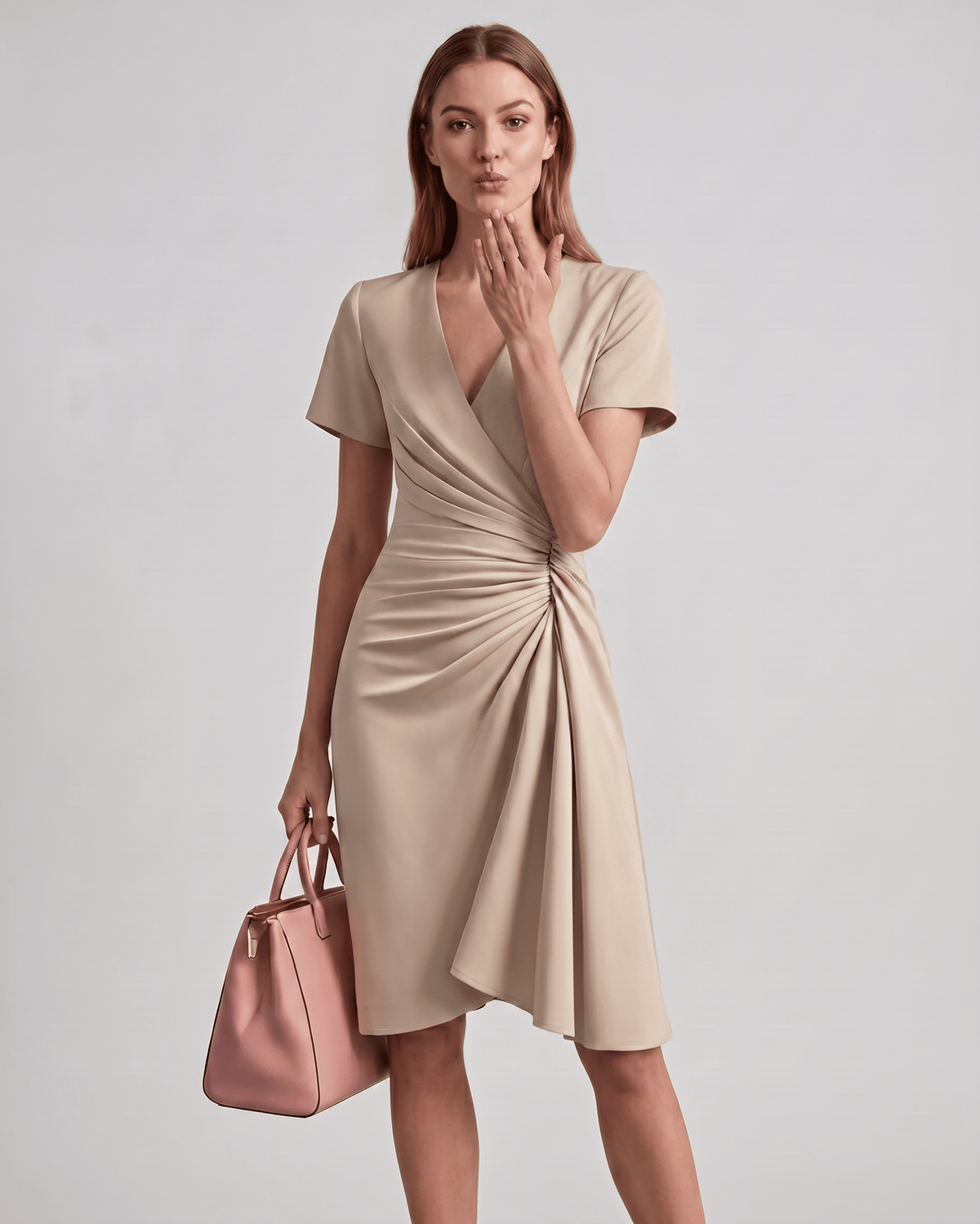 Veloura Midi Dress by Lauven — satin blend short sleeve V-neck wrap midi dress