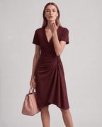 Veloura Midi Dress by Lauven — satin blend short sleeve V-neck wrap midi dress
