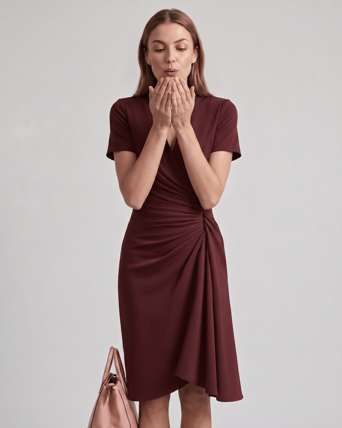 Veloura Midi Dress by Lauven — satin blend short sleeve V-neck wrap midi dress