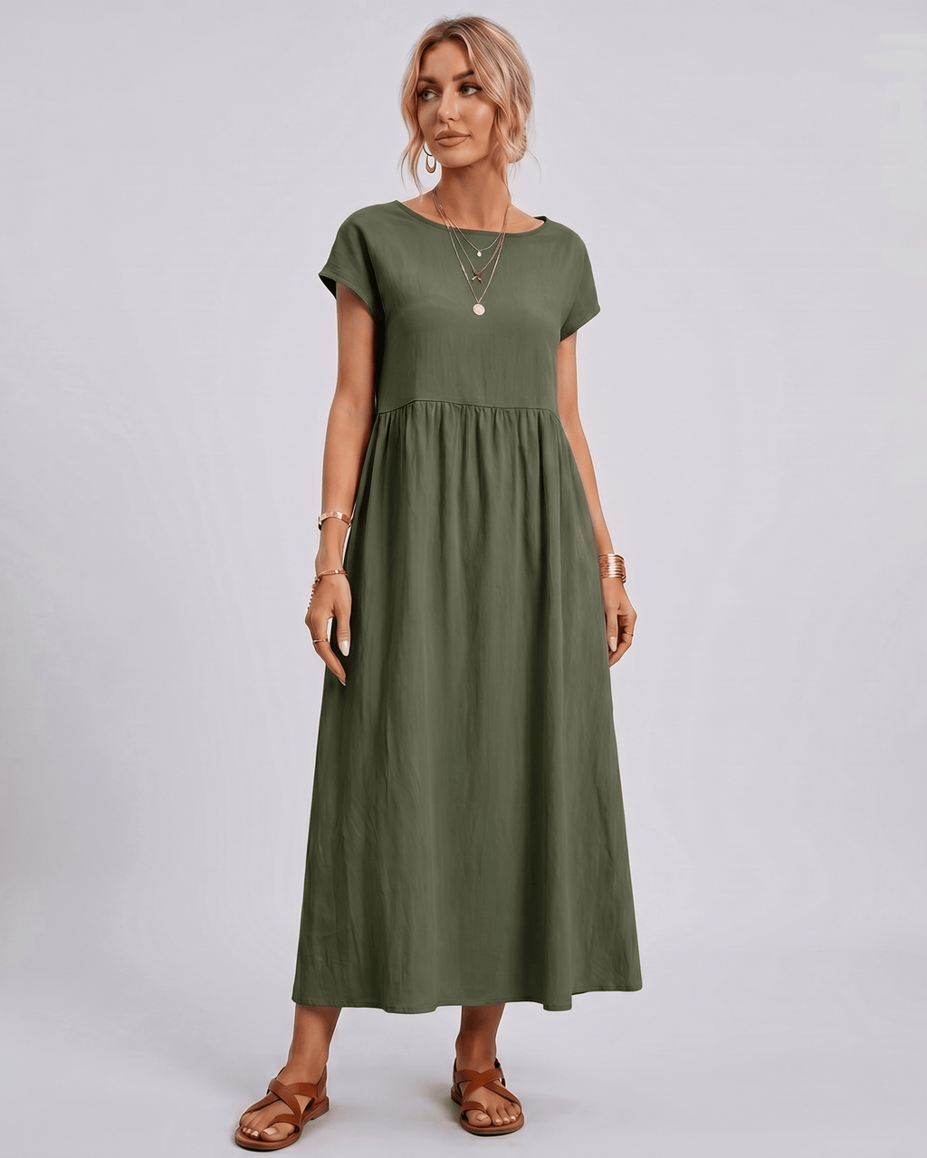Solenne Midi Dress by Lauven — green cotton linen short sleeve o-neck loose midi dress