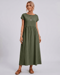 Solenne Midi Dress by Lauven — green cotton linen short sleeve o-neck loose midi dress