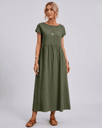Solenne Midi Dress by Lauven — green cotton linen short sleeve o-neck loose midi dress