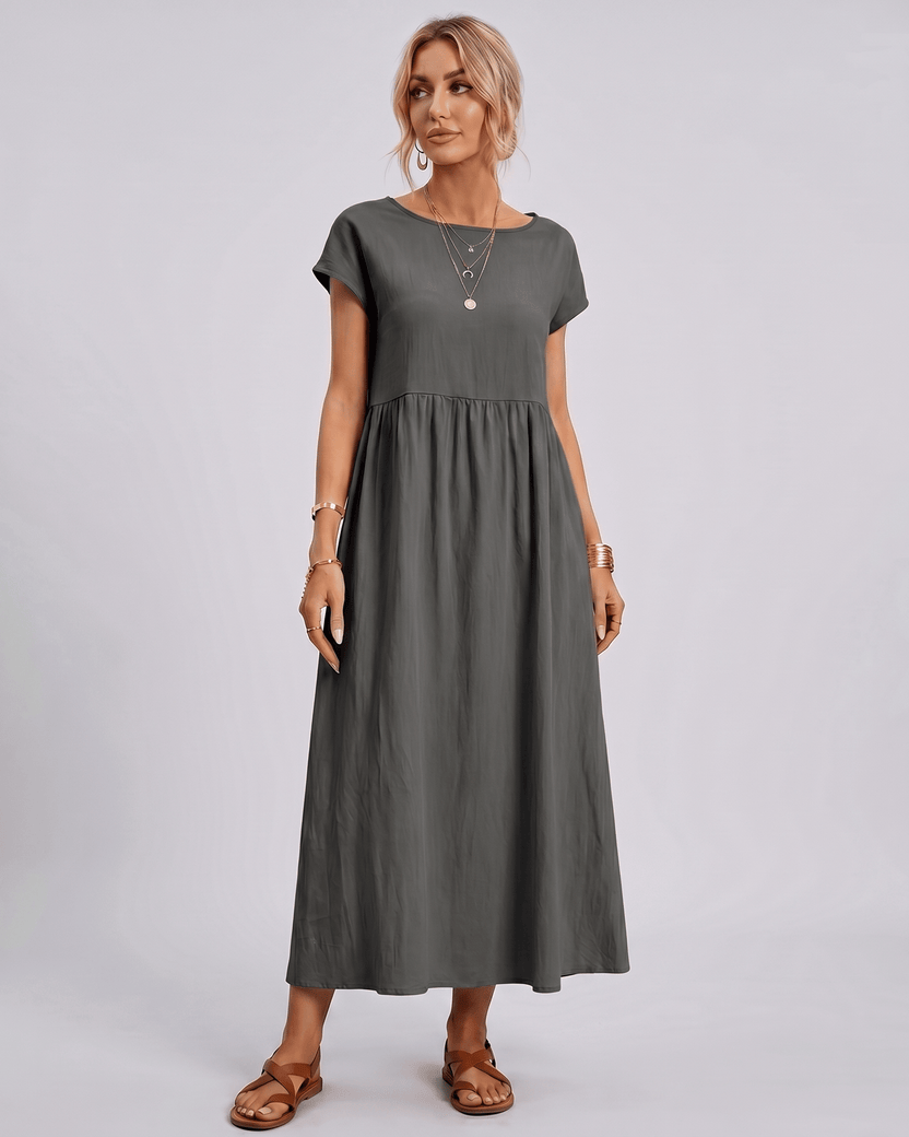 Solenne Midi Dress by Lauven — grey cotton linen short sleeve o-neck loose midi dress
