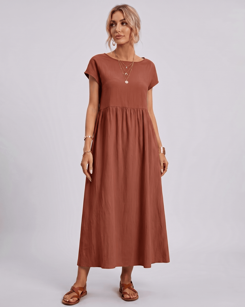 Solenne Midi Dress by Lauven — red cotton linen short sleeve o-neck loose midi dress