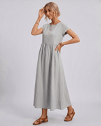 Solenne Midi Dress by Lauven — cotton linen short sleeve o-neck loose midi dress