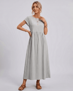 Solenne Midi Dress by Lauven — cotton linen short sleeve o-neck loose midi dress