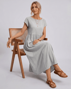 Solenne Midi Dress by Lauven — cotton linen short sleeve o-neck loose midi dress