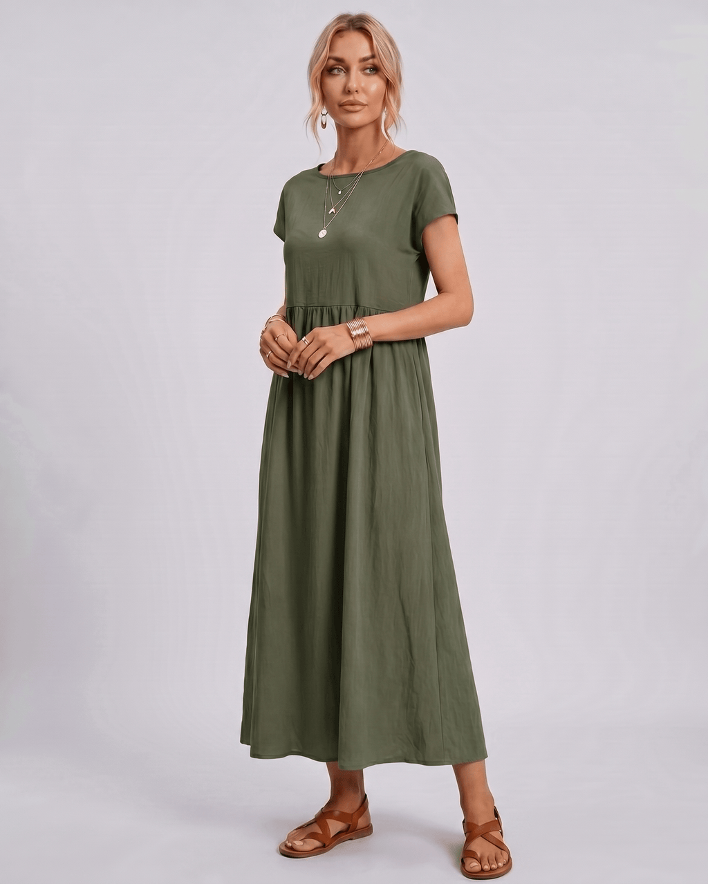 Solenne Midi Dress by Lauven — cotton linen short sleeve o-neck loose midi dress