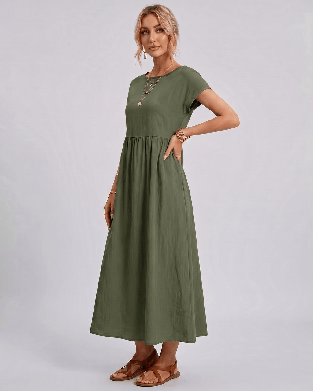 Solenne Midi Dress by Lauven — cotton linen short sleeve o-neck loose midi dress