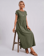 Solenne Midi Dress by Lauven — cotton linen short sleeve o-neck loose midi dress