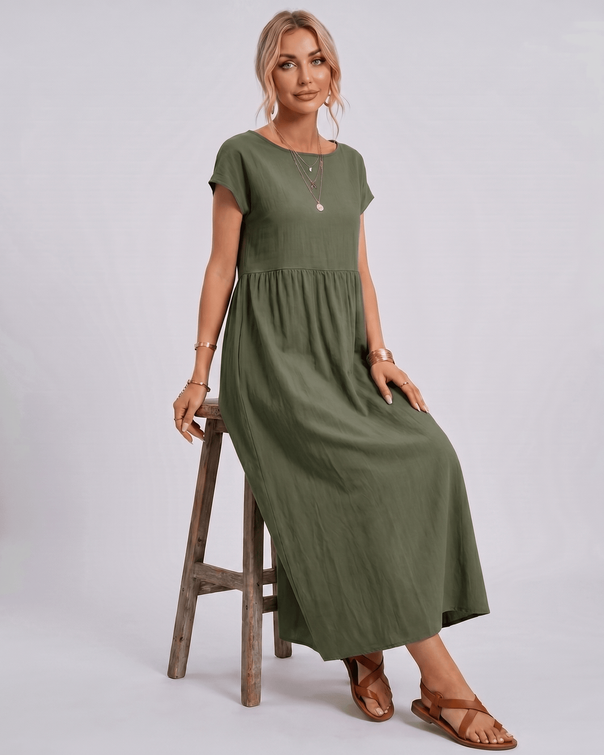 Solenne Midi Dress by Lauven — cotton linen short sleeve o-neck loose midi dress