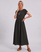 Solenne Midi Dress by Lauven — cotton linen short sleeve o-neck loose midi dress