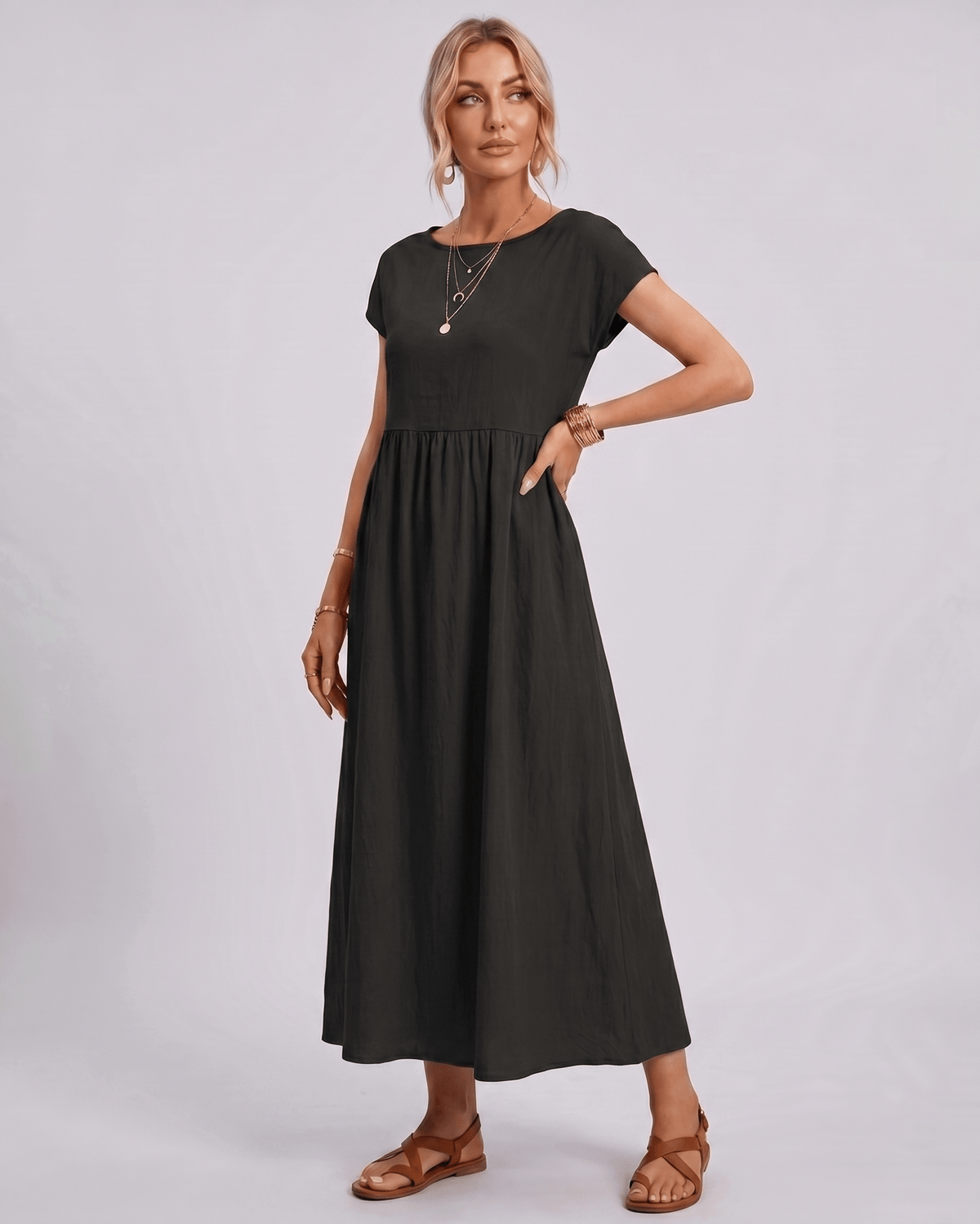 Solenne Midi Dress by Lauven — cotton linen short sleeve o-neck loose midi dress