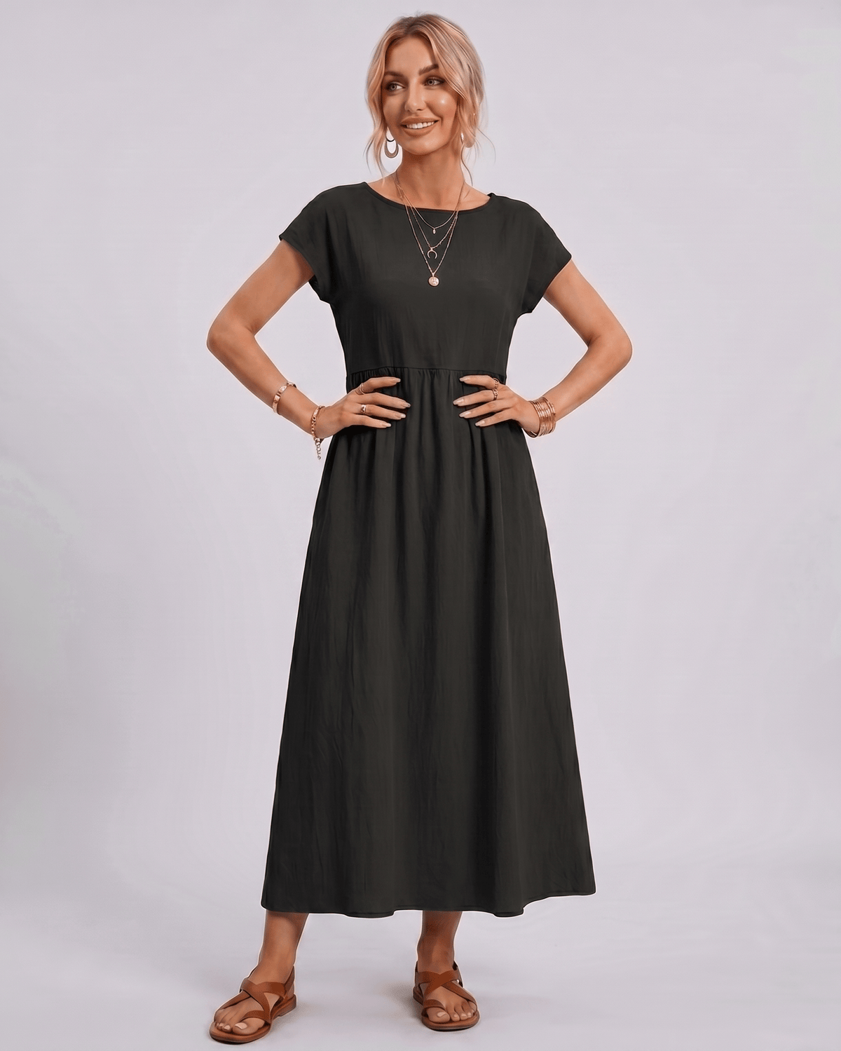 Solenne Midi Dress by Lauven — cotton linen short sleeve o-neck loose midi dress