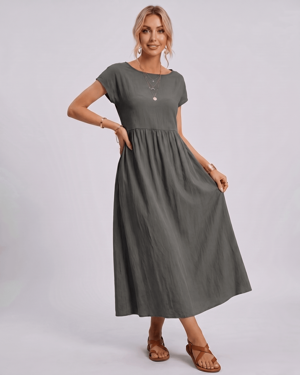Solenne Midi Dress by Lauven — cotton linen short sleeve o-neck loose midi dress