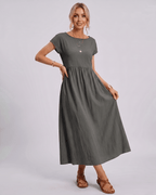Solenne Midi Dress by Lauven — cotton linen short sleeve o-neck loose midi dress