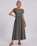 Solenne Midi Dress by Lauven — cotton linen short sleeve o-neck loose midi dress