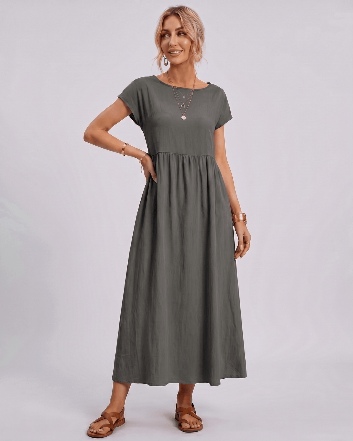 Solenne Midi Dress by Lauven — cotton linen short sleeve o-neck loose midi dress