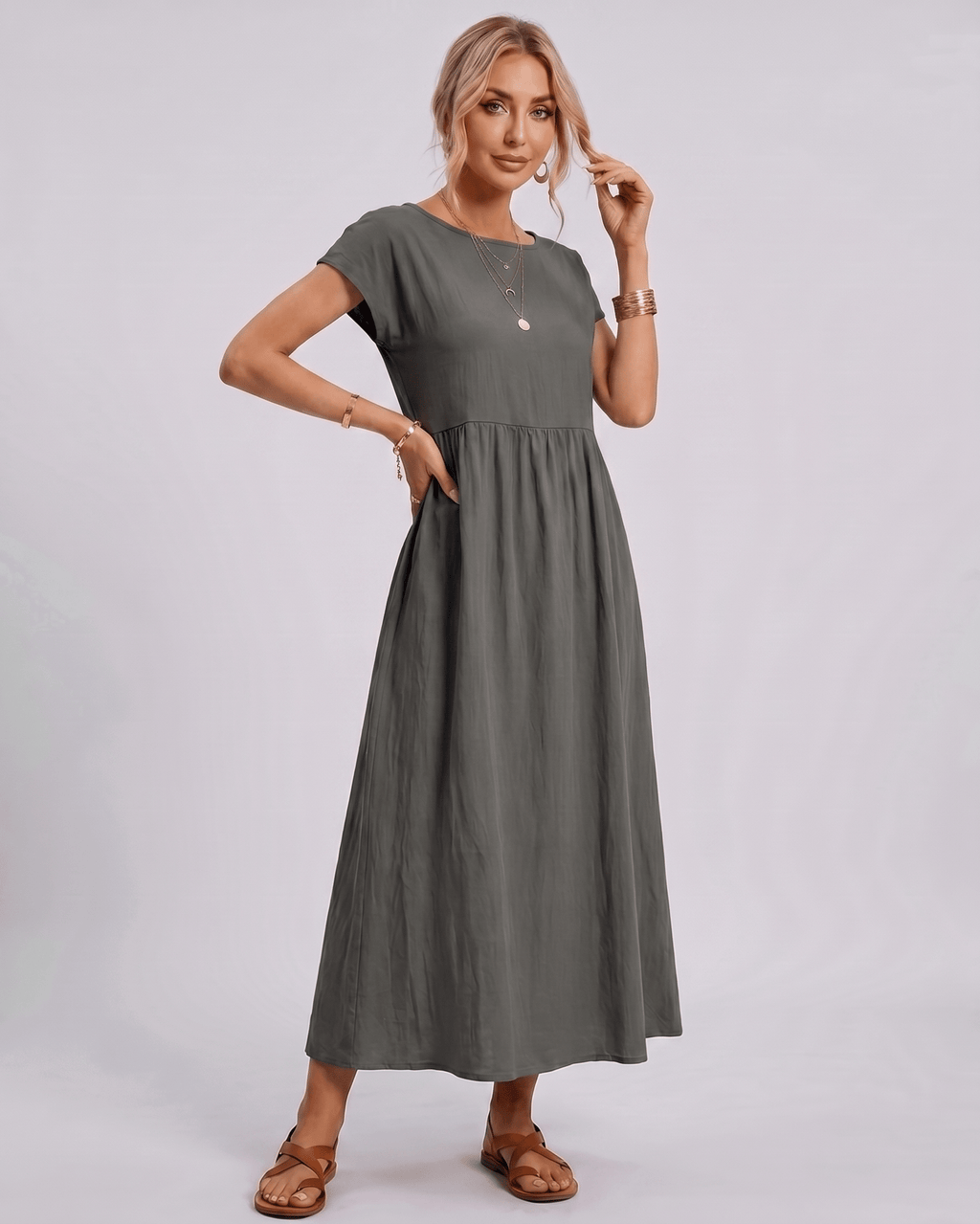 Solenne Midi Dress by Lauven — cotton linen short sleeve o-neck loose midi dress