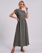 Solenne Midi Dress by Lauven — cotton linen short sleeve o-neck loose midi dress