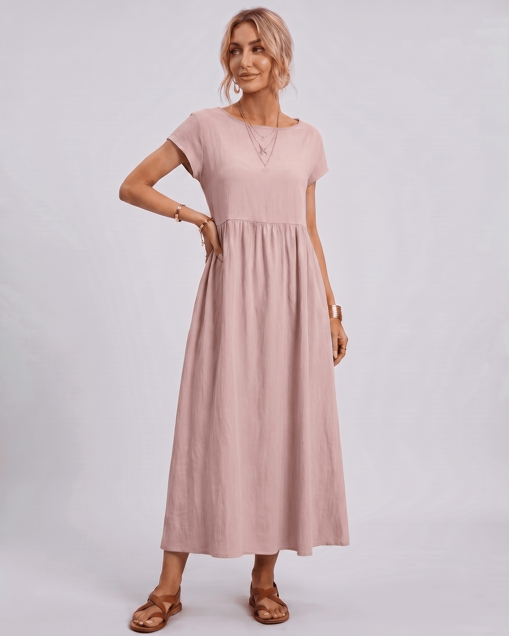 Solenne Midi Dress by Lauven — cotton linen short sleeve o-neck loose midi dress