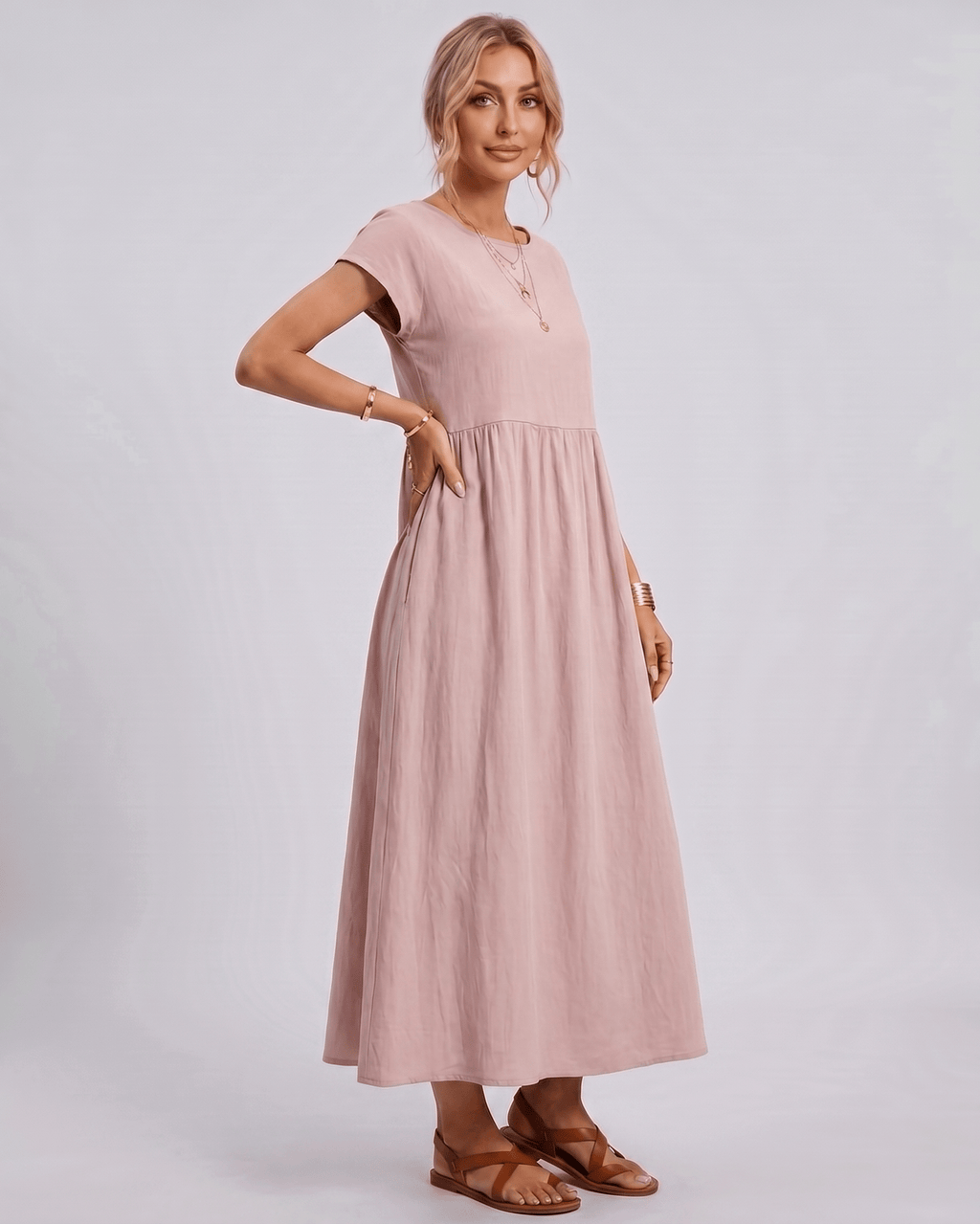 Solenne Midi Dress by Lauven — cotton linen short sleeve o-neck loose midi dress