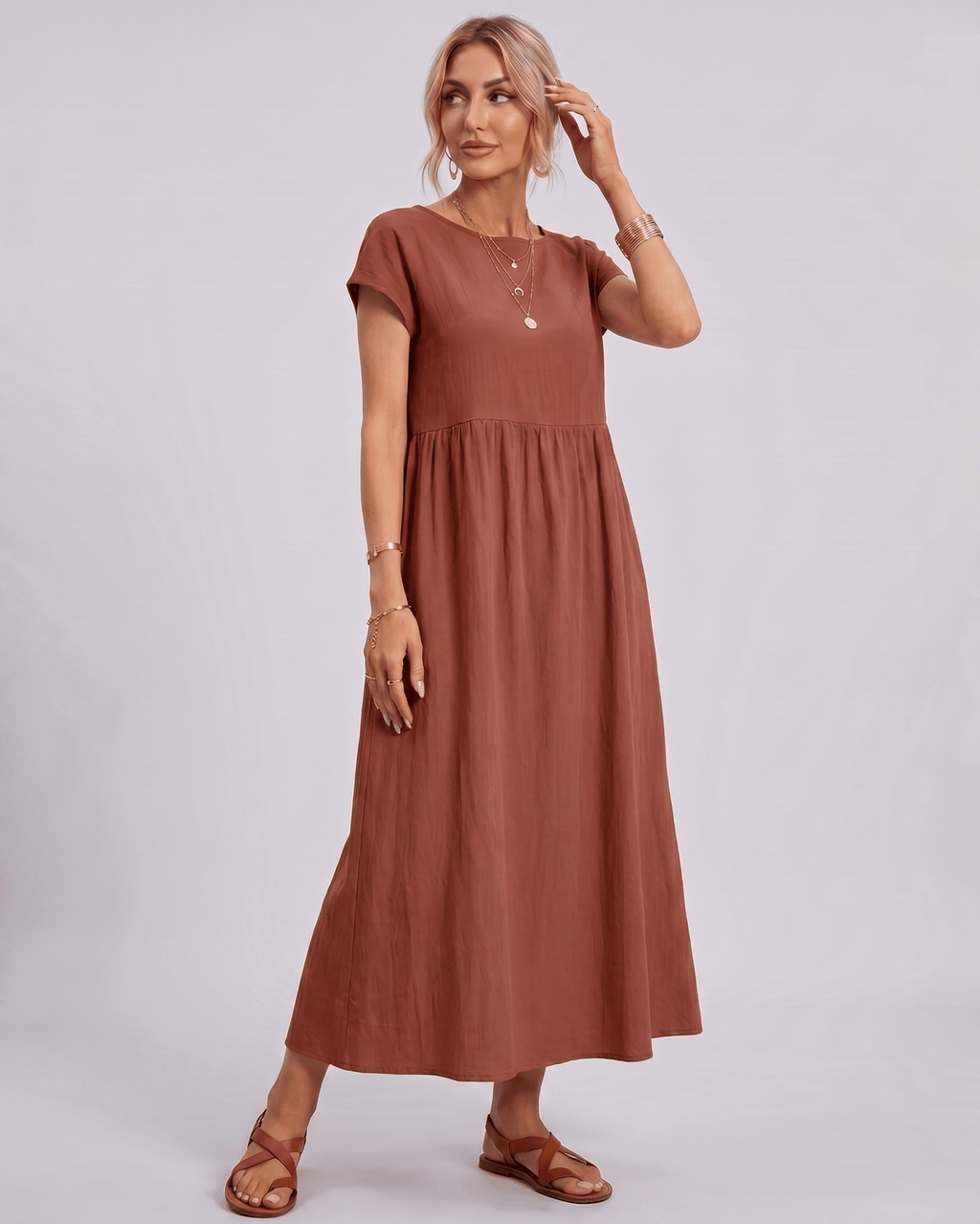 Solenne Midi Dress by Lauven — cotton linen short sleeve o-neck loose midi dress