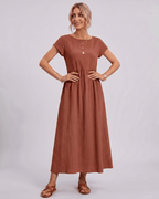 Solenne Midi Dress by Lauven — cotton linen short sleeve o-neck loose midi dress