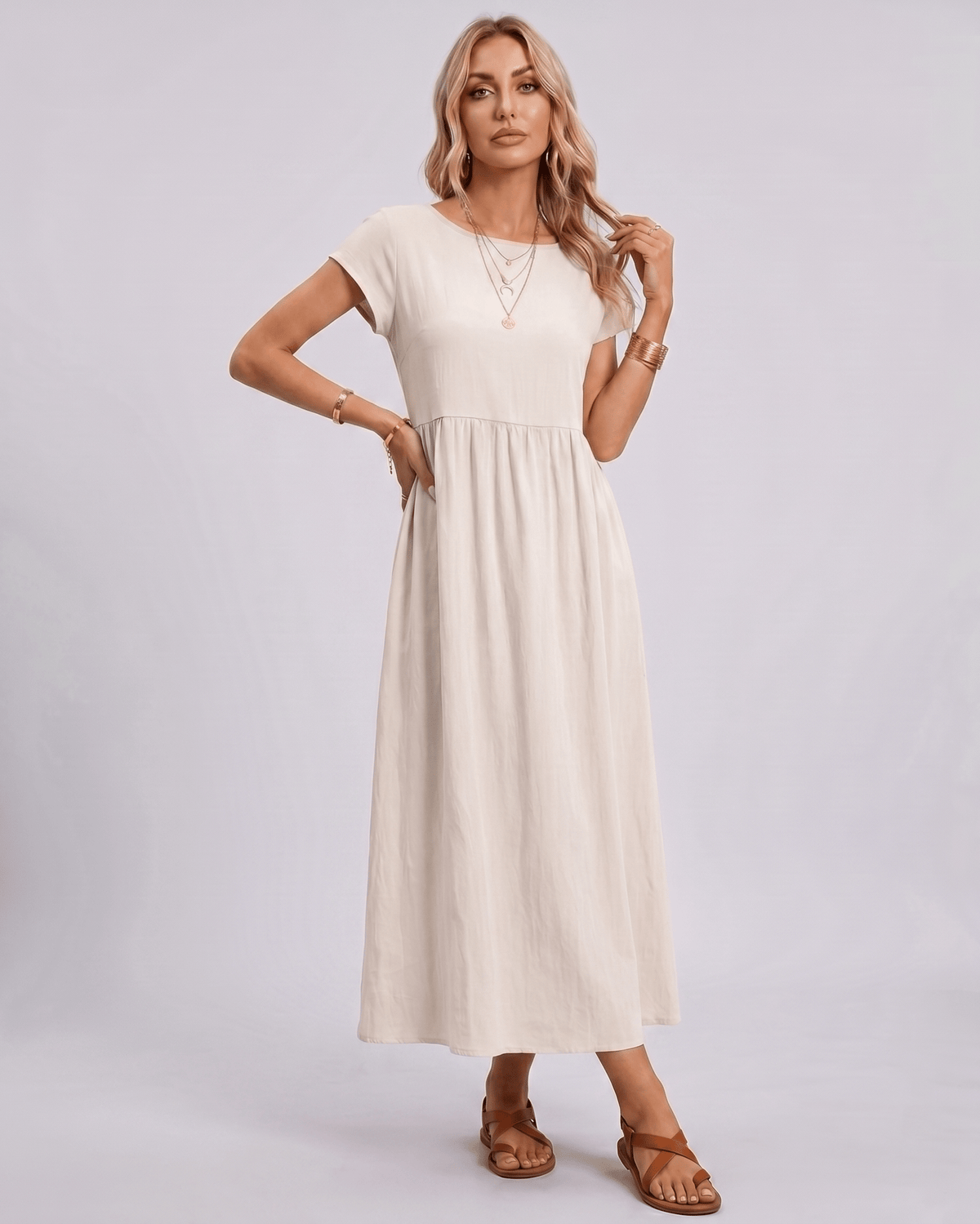 Solenne Midi Dress by Lauven — cotton linen short sleeve o-neck loose midi dress