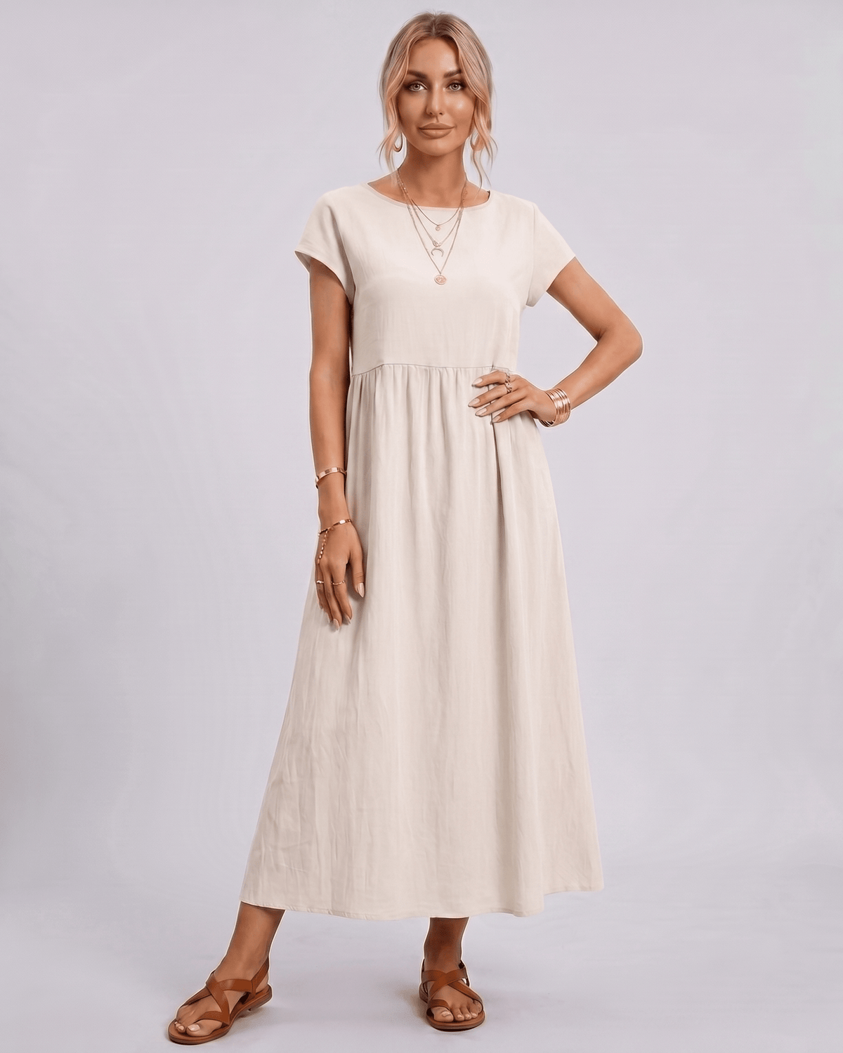 Solenne Midi Dress by Lauven — cotton linen short sleeve o-neck loose midi dress