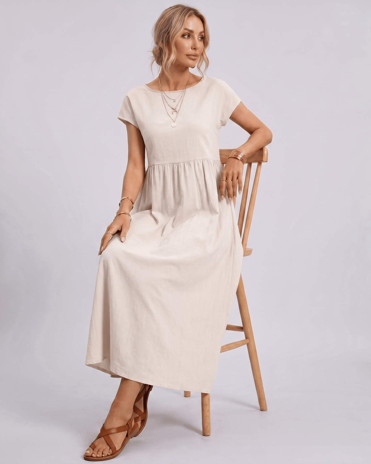 Solenne Midi Dress by Lauven — cotton linen short sleeve o-neck loose midi dress