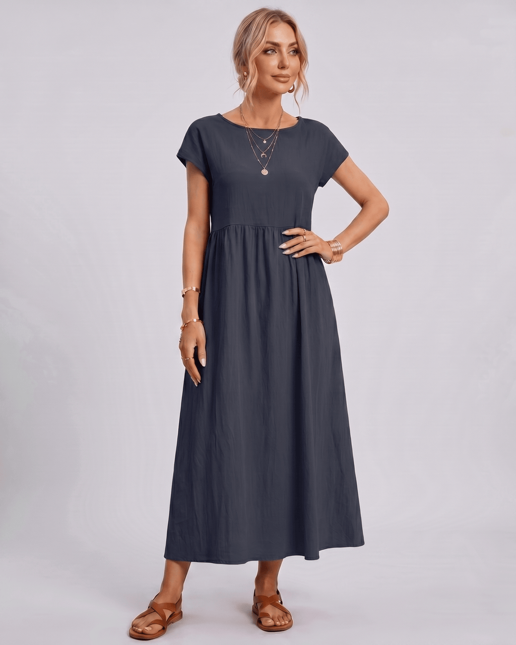 Solenne Midi Dress by Lauven — cotton linen short sleeve o-neck loose midi dress
