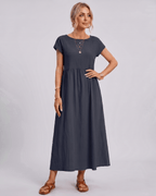 Solenne Midi Dress by Lauven — cotton linen short sleeve o-neck loose midi dress