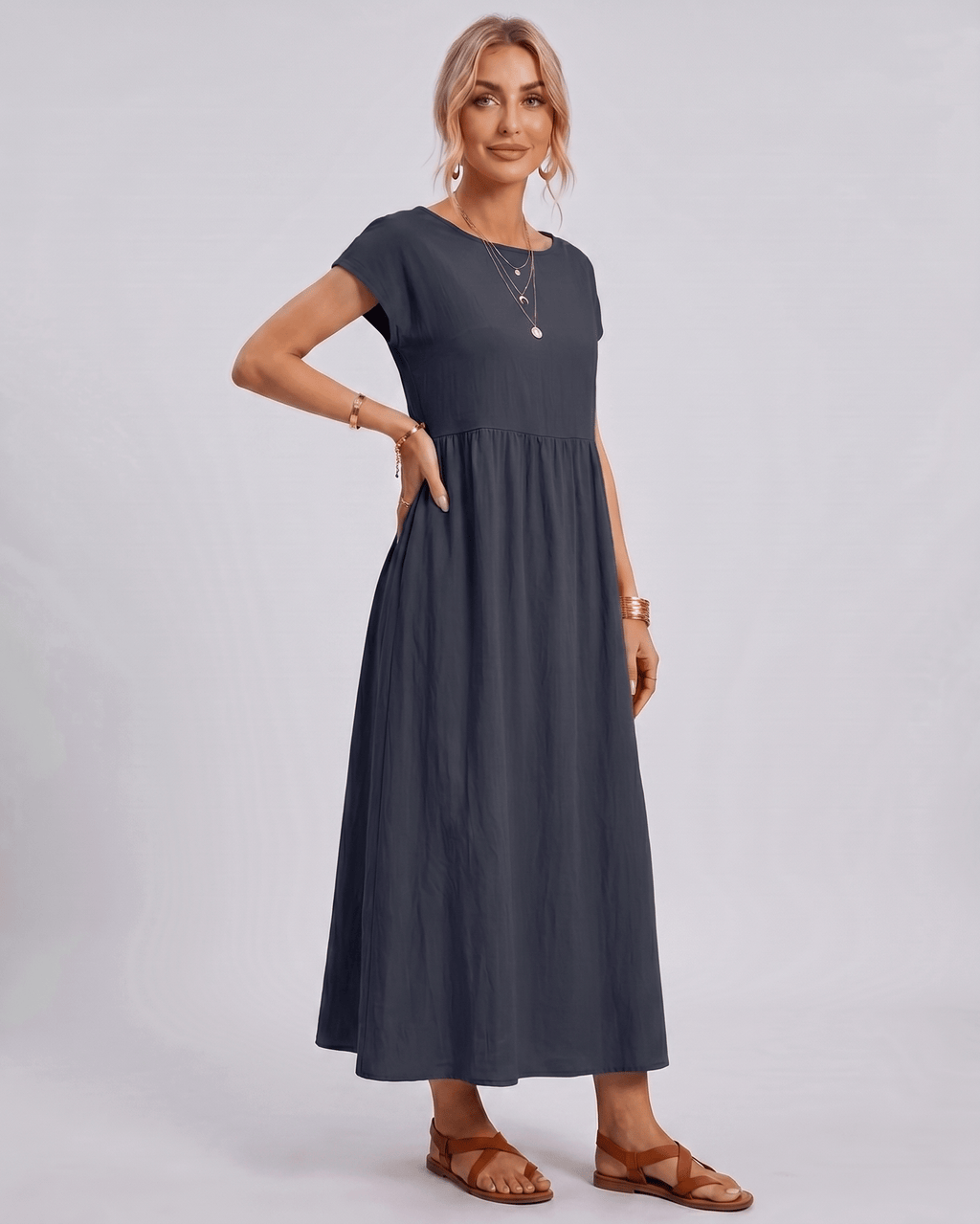 Solenne Midi Dress by Lauven — cotton linen short sleeve o-neck loose midi dress