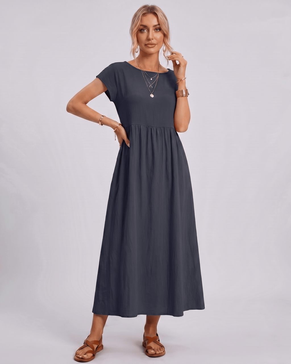 Solenne Midi Dress by Lauven — cotton linen short sleeve o-neck loose midi dress