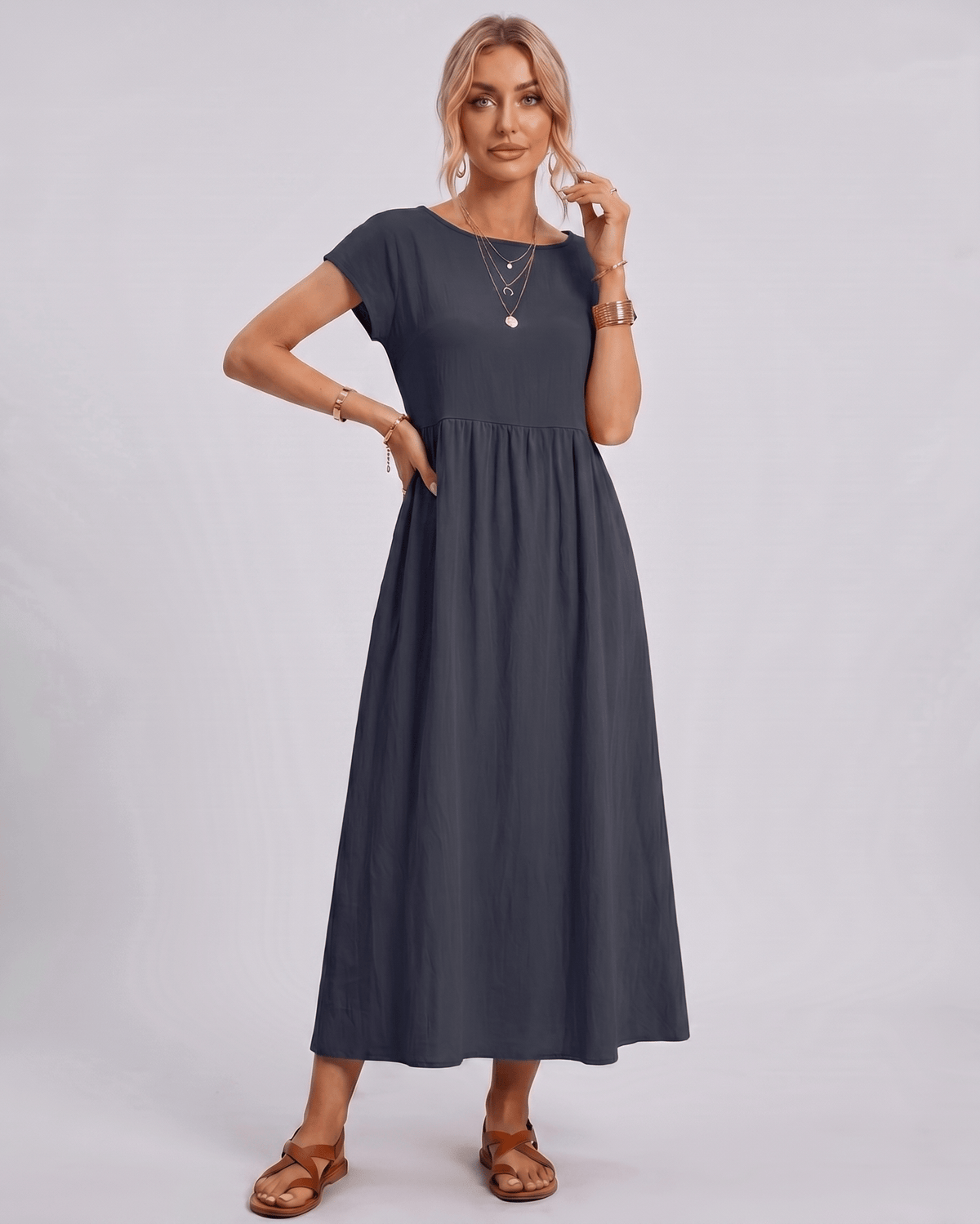 Solenne Midi Dress by Lauven — cotton linen short sleeve o-neck loose midi dress