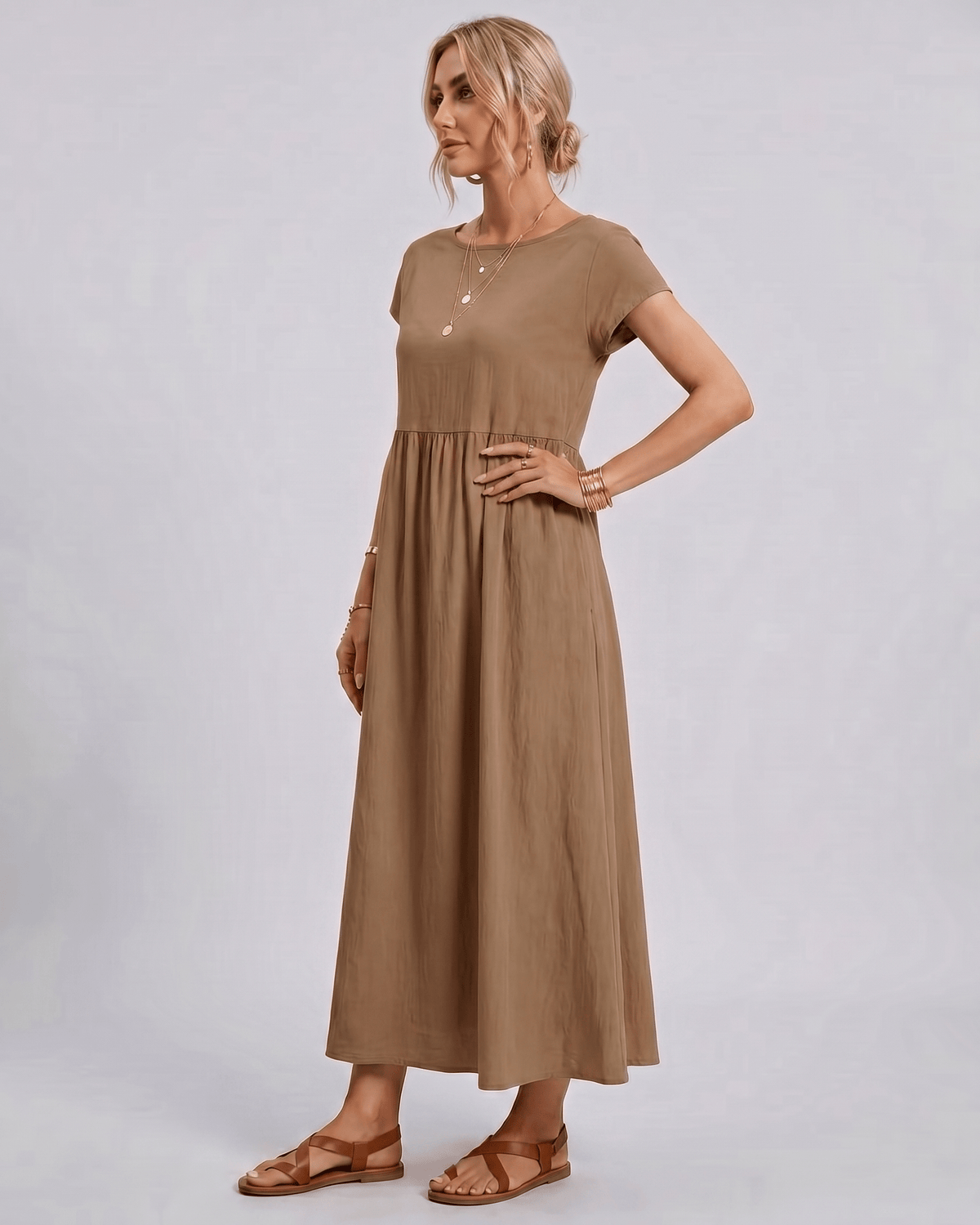 Solenne Midi Dress by Lauven — cotton linen short sleeve o-neck loose midi dress