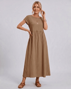 Solenne Midi Dress by Lauven — cotton linen short sleeve o-neck loose midi dress