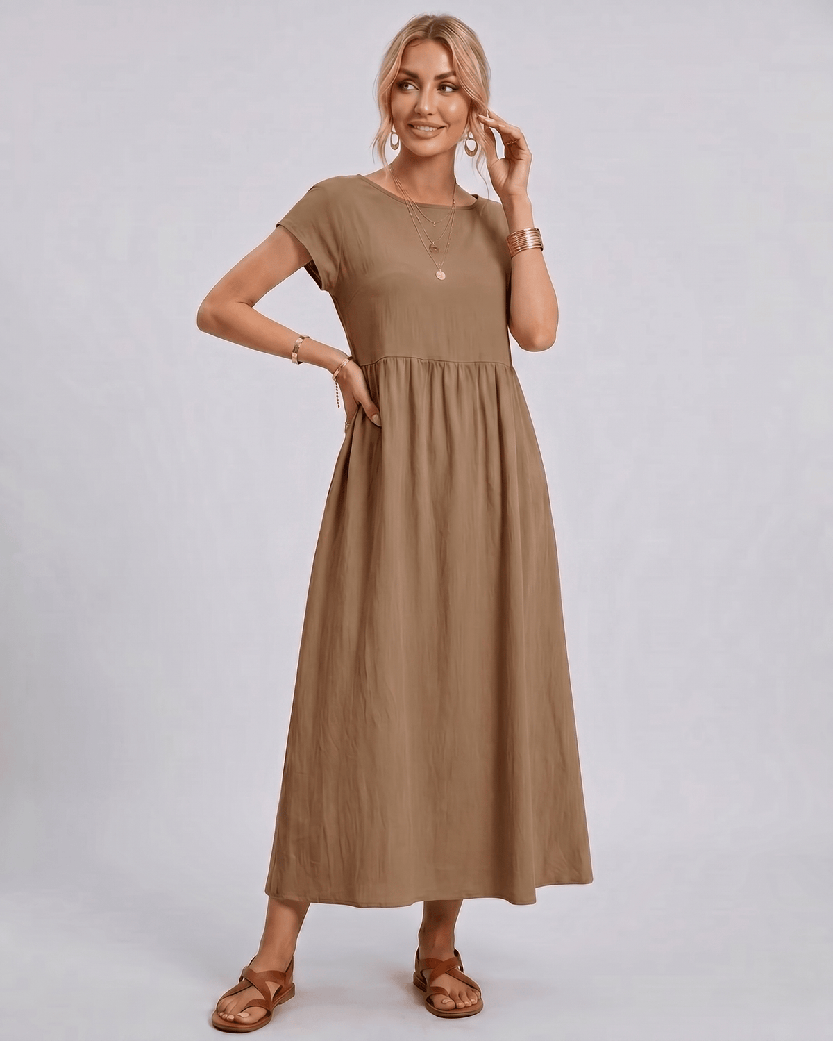 Solenne Midi Dress by Lauven — cotton linen short sleeve o-neck loose midi dress