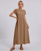 Solenne Midi Dress by Lauven — cotton linen short sleeve o-neck loose midi dress