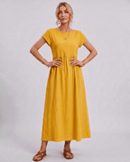 Solenne Midi Dress by Lauven — cotton linen short sleeve o-neck loose midi dress