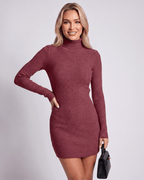 Veloura Mini Dress by Lauven — ribbed knit long sleeve high neck slim fit mini dress