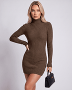 Veloura Mini Dress by Lauven — ribbed knit long sleeve high neck slim fit mini dress
